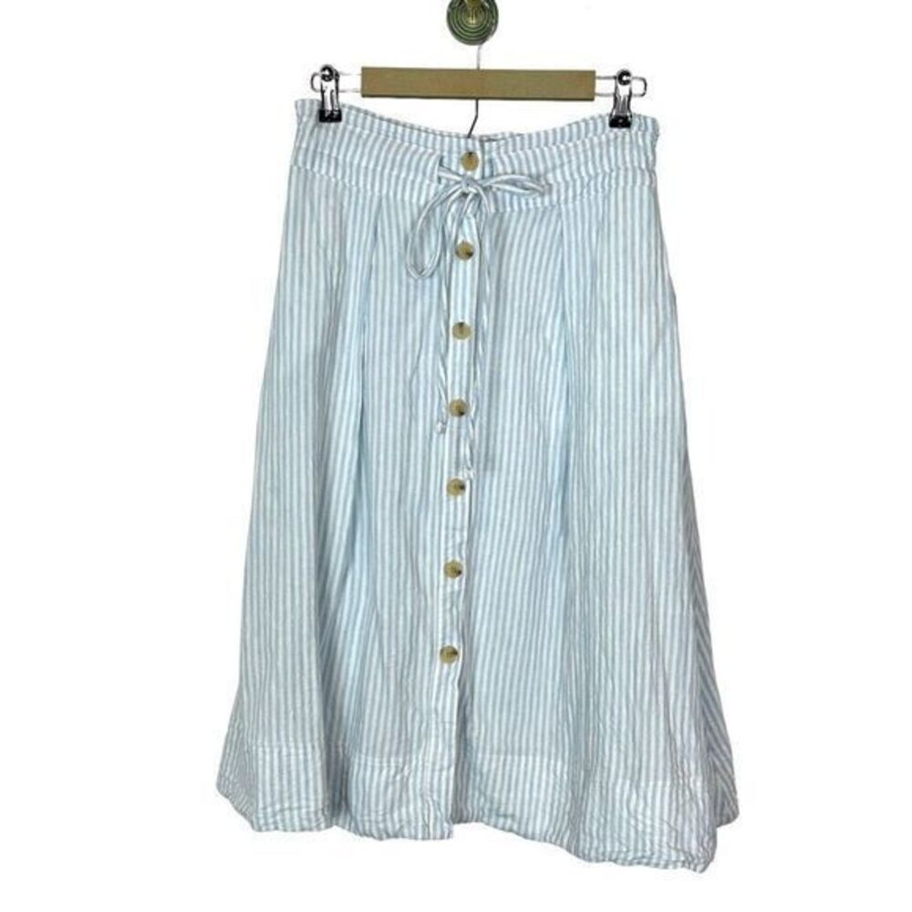 A New Day Womens Blue White Stripe Linen Button Up Tie A-line Midi Skirt Medium